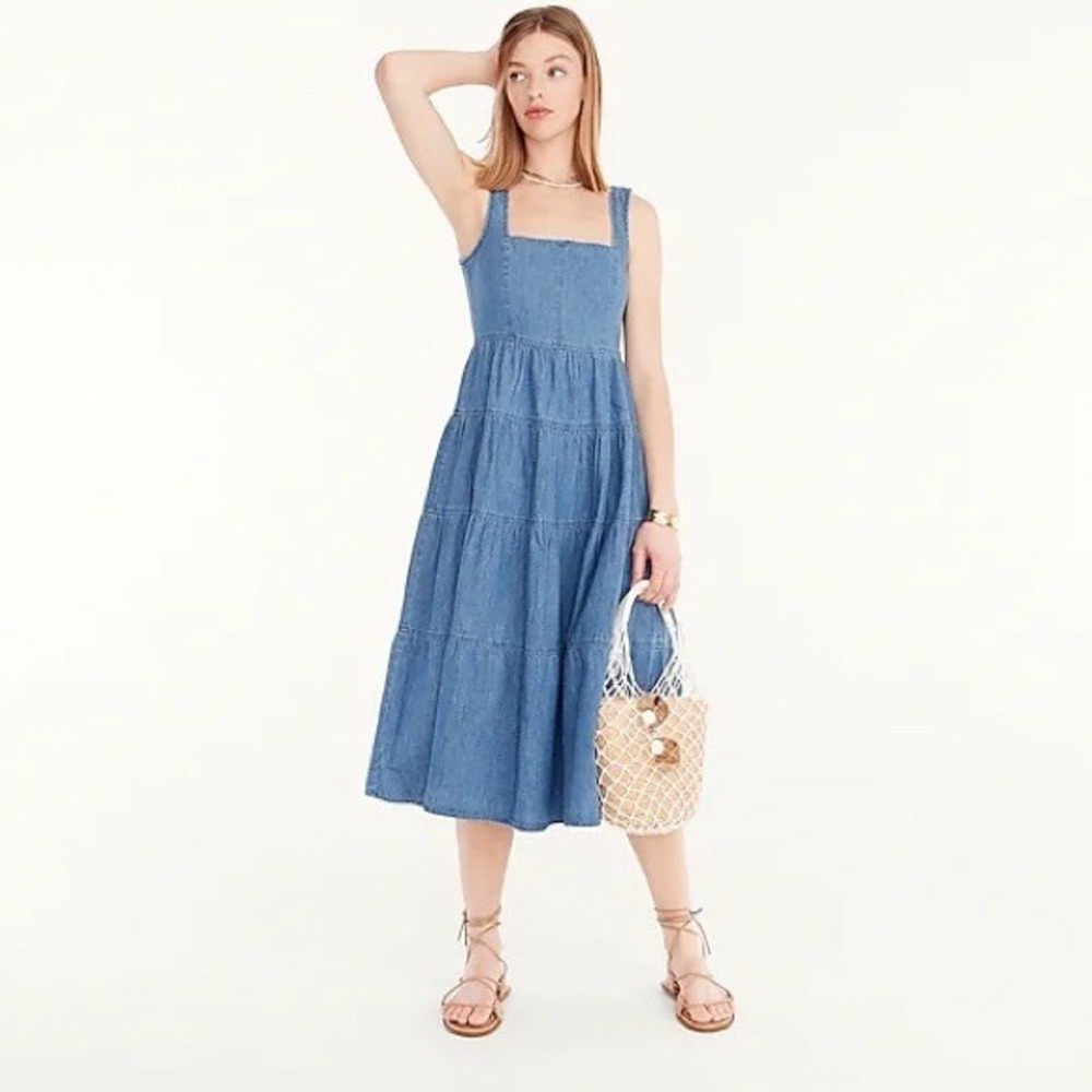 J.Crew Tiered Chambray Midi Dress Square Neck Smocked Back Blue Size 8 Womens